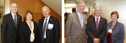 Left photo: LSC President James J. Sandman, Washington State Chief Justice Barbara Madsen and LSC Board Chairman John G. Levi (left to right). Right photo: Russ Speidel, LSC Board Member Harry Korrell and Jean V. E. Speidel (left to right). Speidel Law Firm was honored for pro bono.