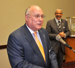 Irving M. Blank, president of the Virginia State Bar, was the keynote speaker at the LSC Board of Directors’ reception in Richmond, Va., on April 14. LSC Board Member Robert J. Grey Jr., a partner in the Richmond office of Hunton & Williams, is in the background. Photos by Joe Mahoney.