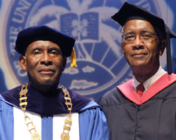 David Hall, left, with Alexander A. Moorhead, Chair of the university's Board of Trustees.