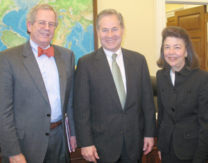 LSC Chairman Frank B. Strickland, left, stands with Subcommittee Chairman Alan B. Mollohan and LSC President Helaine M. Barnett following a hearing on LSC's FY 2009 budget request.
