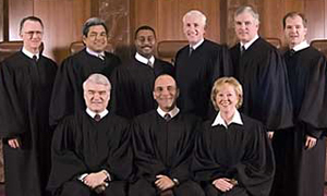 Left to Right: Justice Phil Johnson, Justice David M. Medina, Justice Dale Wainright, Justice Scott A. Brister, Justice Paul Green, Justice Don. R. Willett, Justice Nathan L. Hecht, Chief Justice Wallace B. Jefferson, Justice Harriet O'Neill.