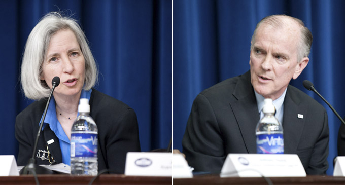 Dean Martha Minow  (moderator), Harvard Law School and LSC Board Vice Chair.  Right: James J. Sandman, LSC President.