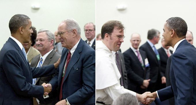 Left: President Barack Obama greets Richard Thornburgh, former Pennsylvania Governor and U.S. Attorney.  Right: President Barack Obama greets Father Pius Pietrzyk, LSC Board member.