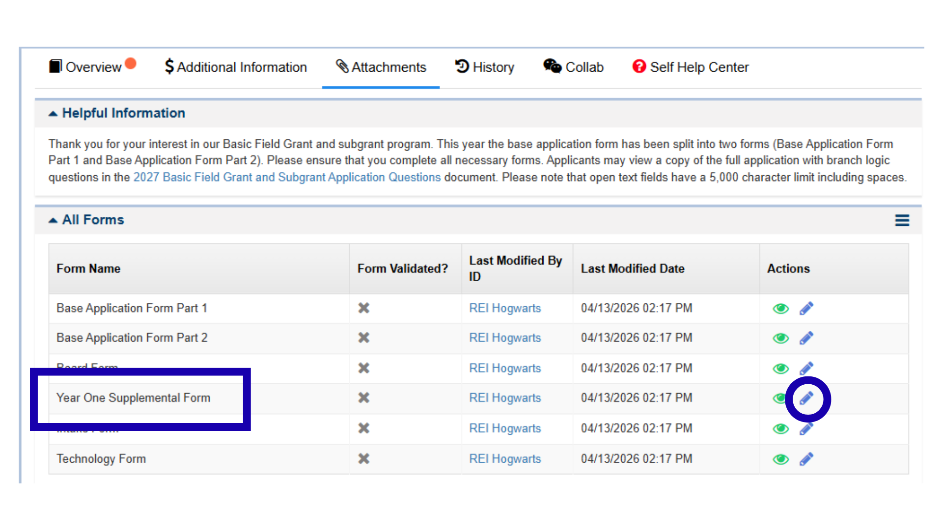 Navigating to the Year One Supplemental Form