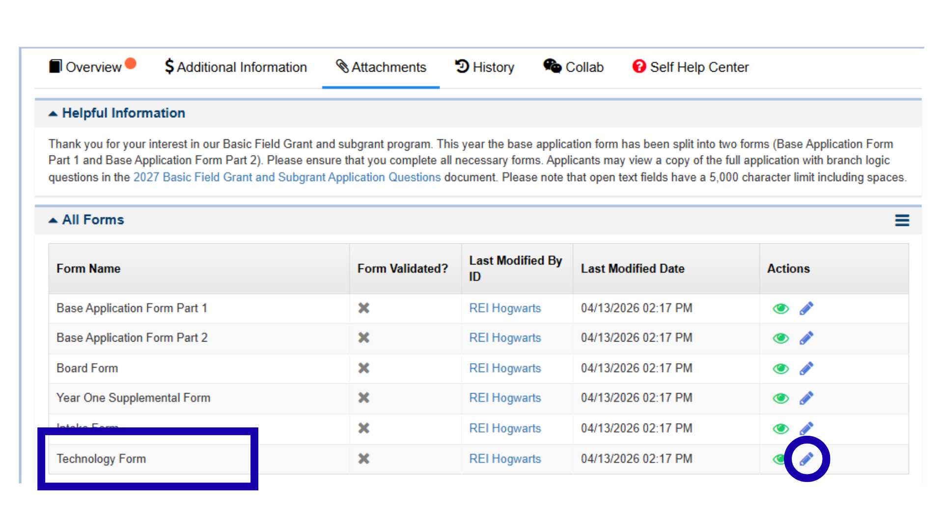 the Technology Form in the All Forms Table