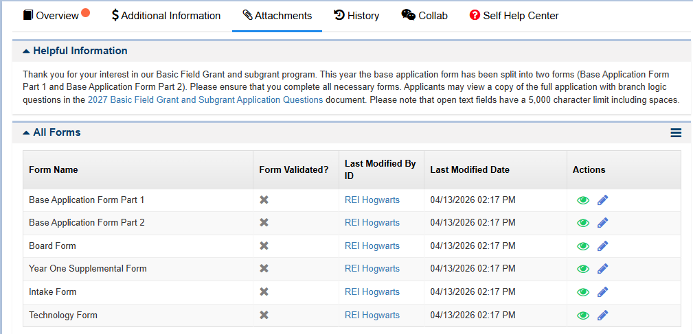 Base Application Form (Parts 1 and 2), Board Form, Year One Supplemental Form, Intake Form, Technology Form, the Native American Service Area Form and Agricultural Workers Service Area Form.