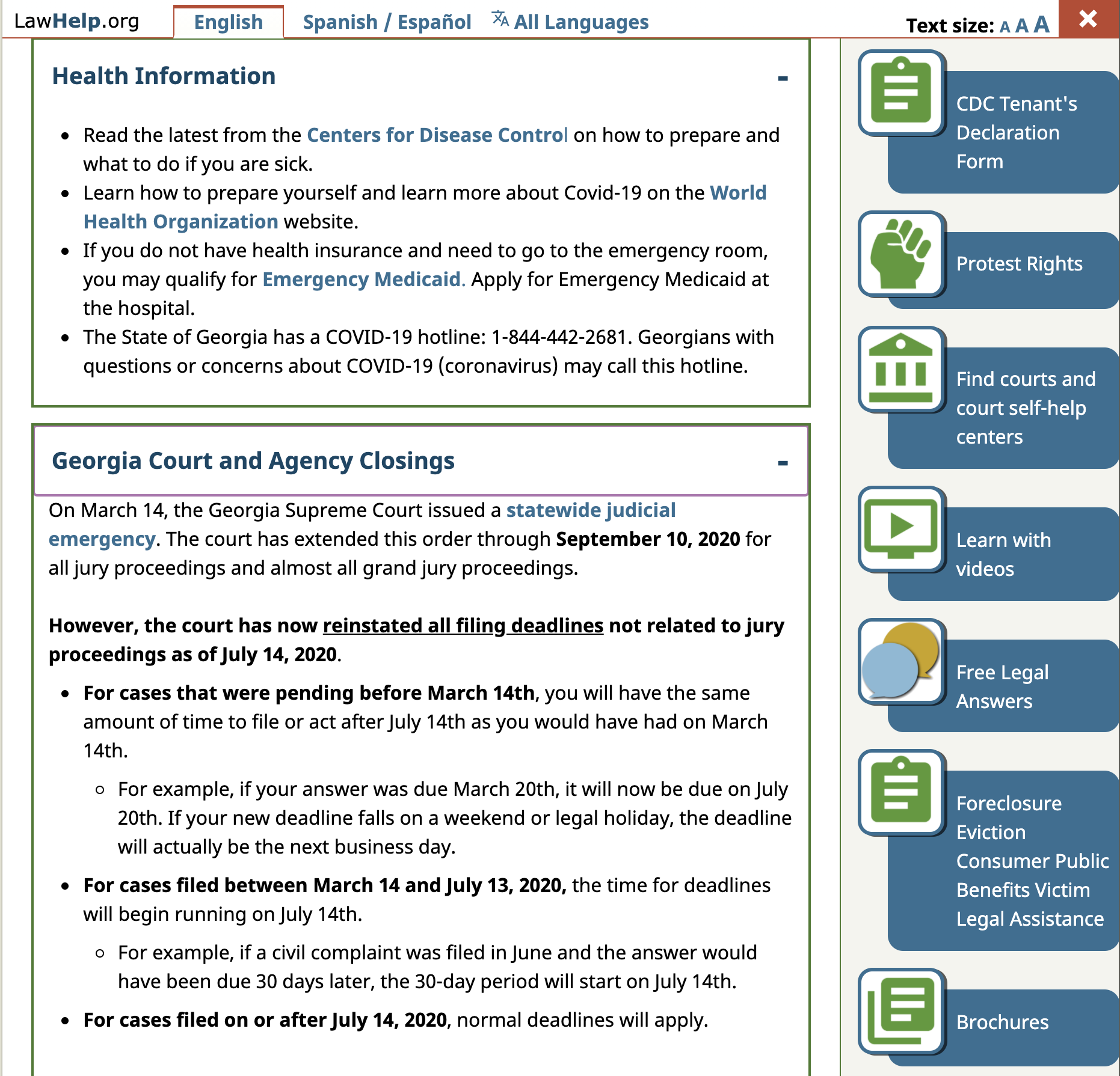 The Georgia Legal Aid FAQ page for coronavirus includes sections for common topics like health information, has bilingual videos at the bottom of the page, and a side bar for navigation