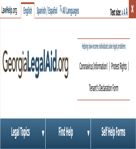 Georgia Legal Aid's website includes a banner section at the top of their website with a link to an FAQ page for coronavirus information