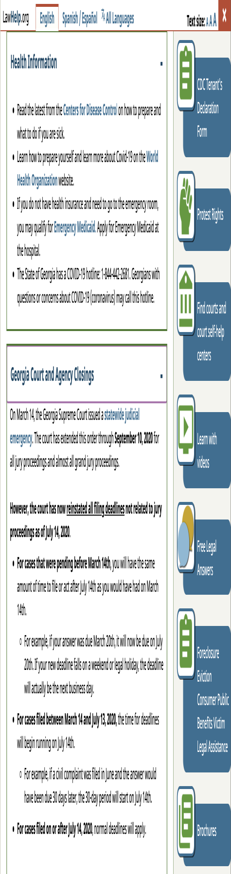 The Georgia Legal Aid FAQ page for coronavirus includes sections for common topics like health information, has bilingual videos at the bottom of the page, and a side bar for navigation