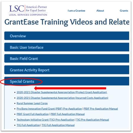 Screenshot of the GrantEase training page showing with a red circle the Special Grants section and with a red arrow the planned location of a new link at the top of the list in that section.