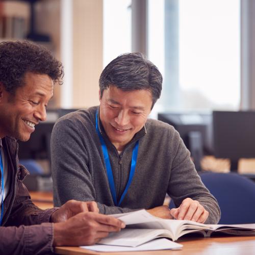 photo of someone teaching someone else at a library desk