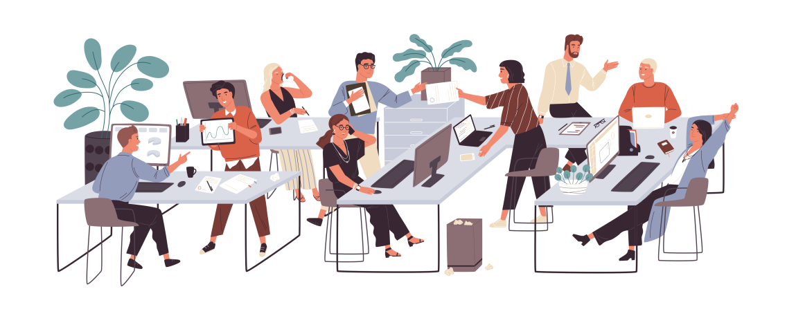 Illustration of various people working at desks in an open office environment