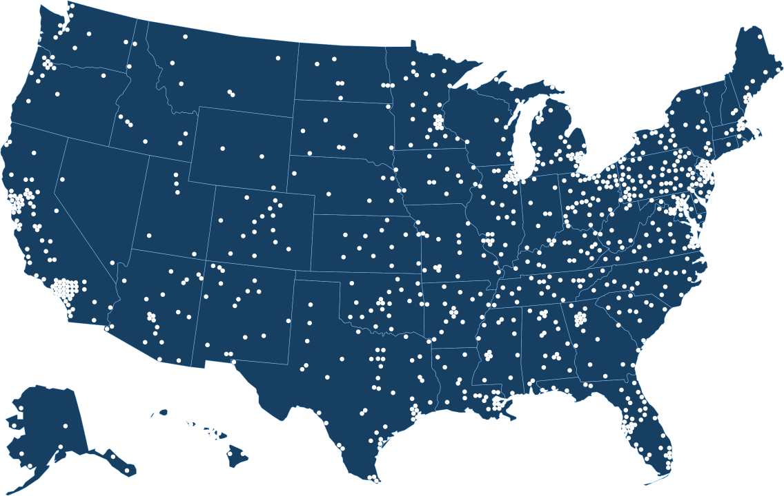 Blue Map of US with White Dots Showing Grantee Locations