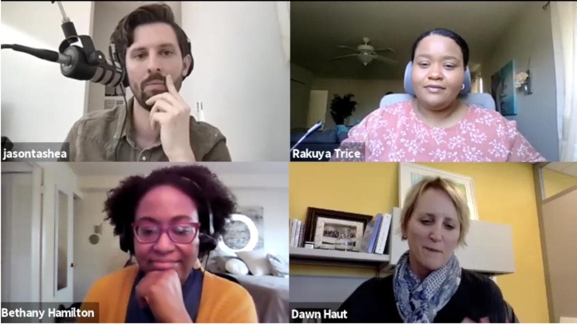 Podcast guests chatting on video